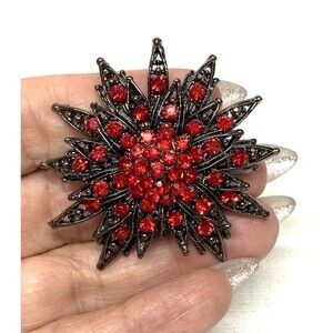 Vintage Red Rhinestone Starburst Flower Cluster Brooch Pin, Gun Metal finish